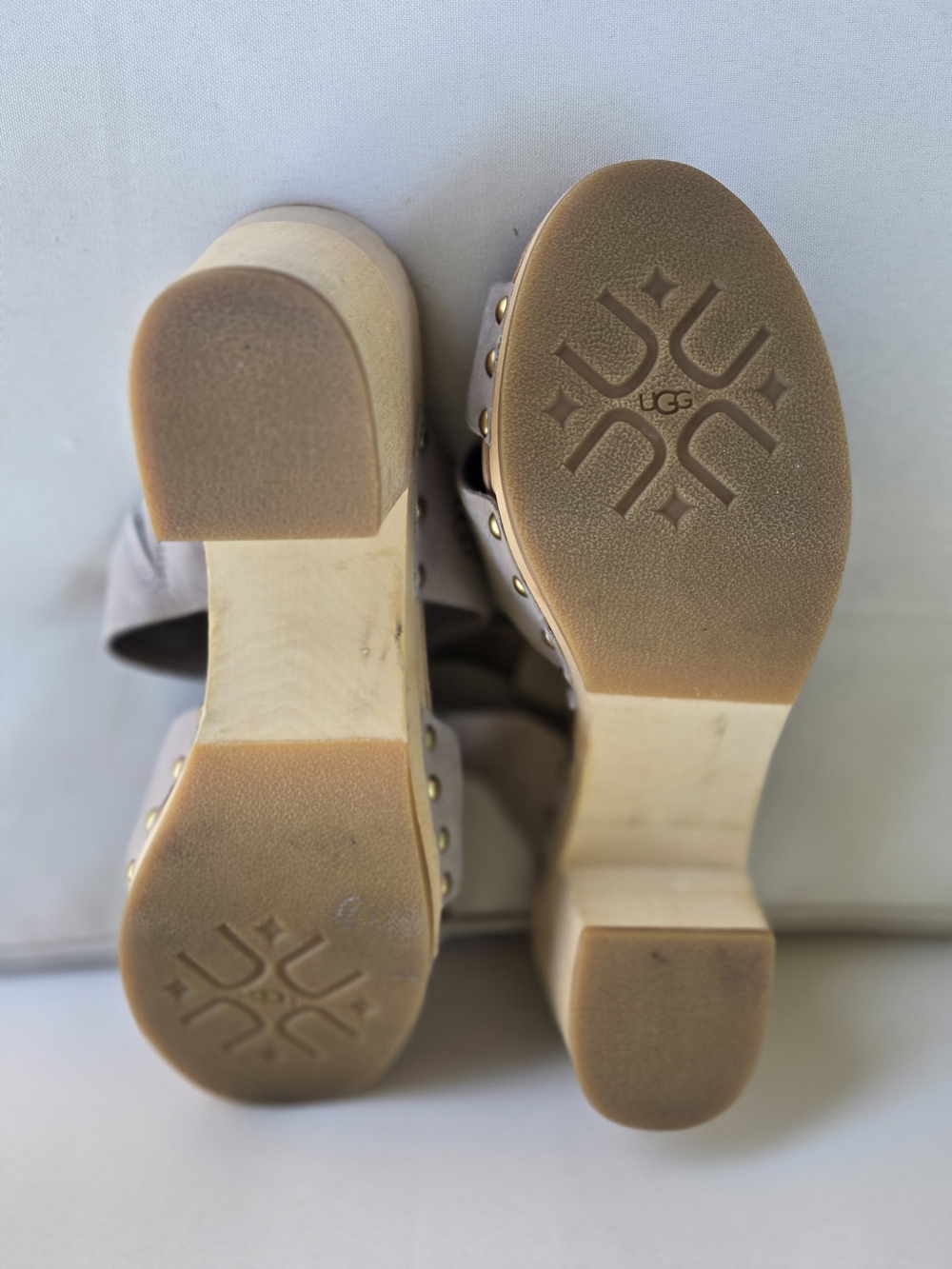 UGG Taupe Suede Studded Wood-Block Clogs - Picture 3 of 3